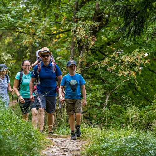 Familie auf einem Wanderweg in Wieden
