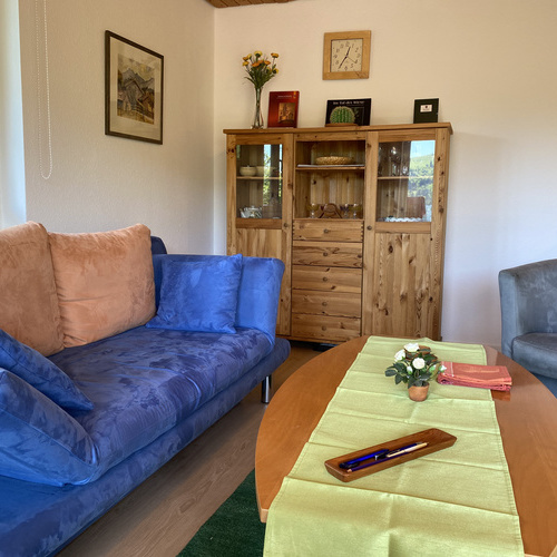 Blick ins Wohnzimmer auf Sofa und Schrank - 